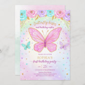 Butterfly Floral Girl Birthday Invitation 招待状 (正面/裏面)