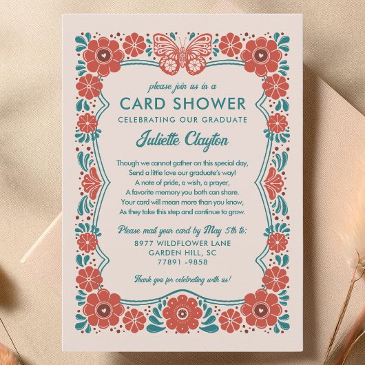 Butterfly Floral Graduation Card Shower Invitation 招待状