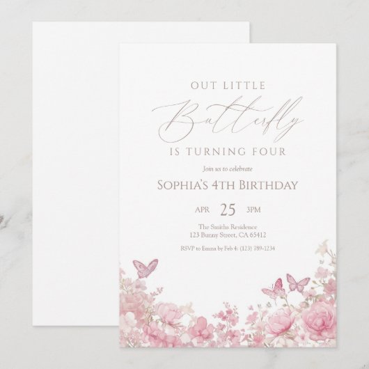 Butterfly Floral Pink Birthday 招待状 (正面/裏面)