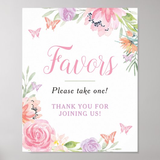 Butterfly Florals Party Favors Sign ポスター (正面)