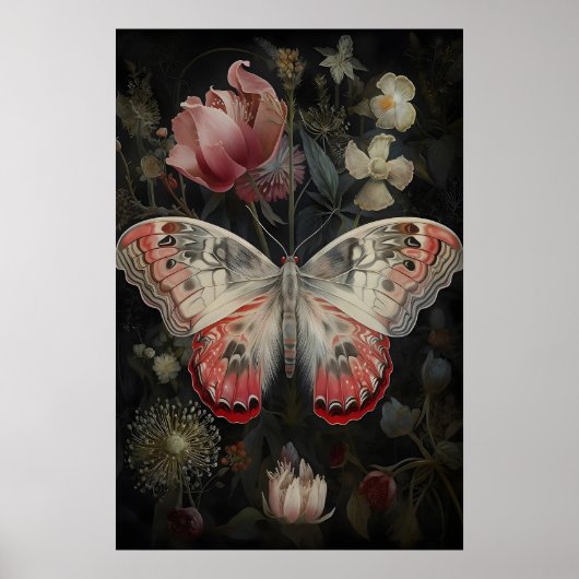 Butterfly Flower Garden Print, Dark Academia Wall ポスター (正面)