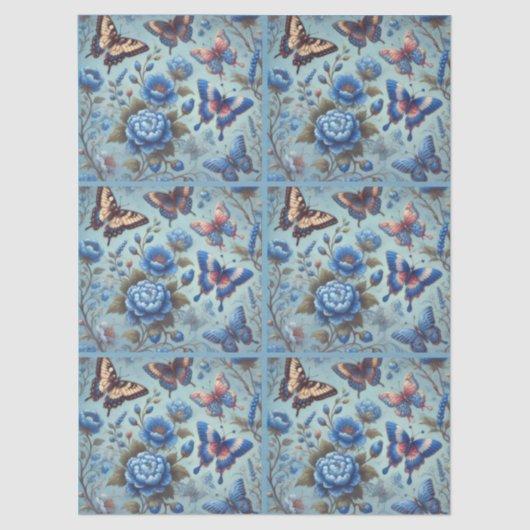 Butterfly Flowers Butterflies Blue Decoupage 薄葉紙 (正面)