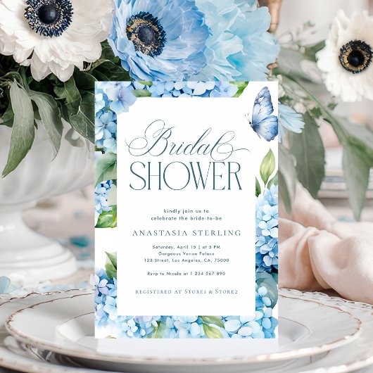 Butterfly Garden Blue Hydrangea Bridal Shower 招待状