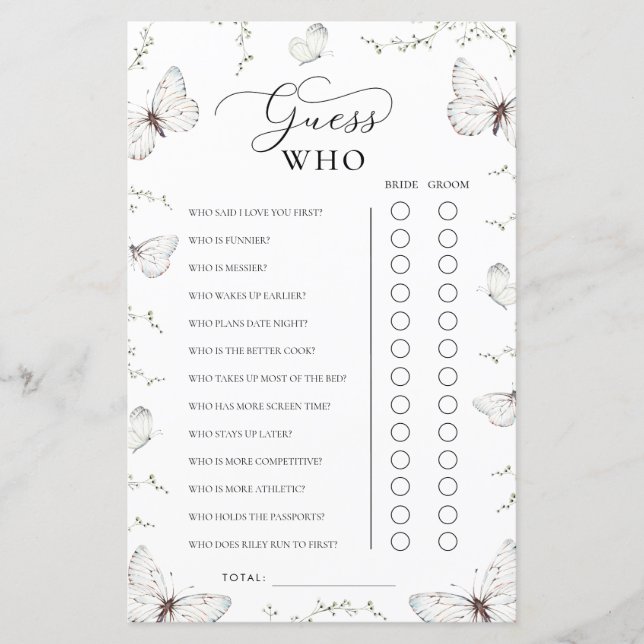 Butterfly Garden Bridal Shower Guess Who Game (正面)