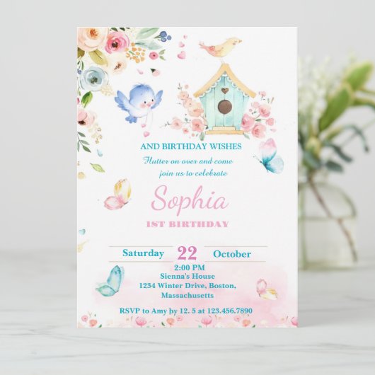 butterfly garden first birthday invitation 招待状 (スタンド正面)