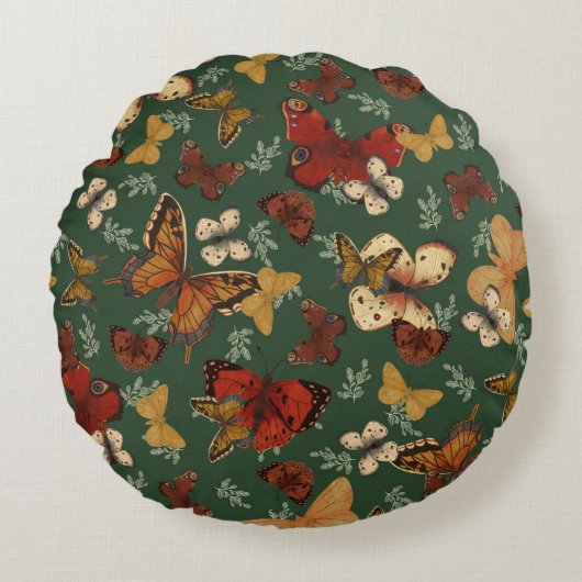 Butterfly Garden Fresh Green Pattern  ラウンドクッション (正面)