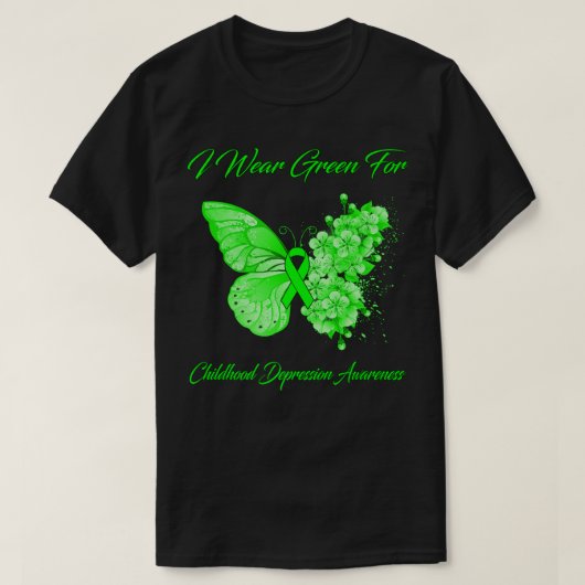 Butterfly I Wear Green For Childhood Depression Aw Tシャツ (デザイン正面)
