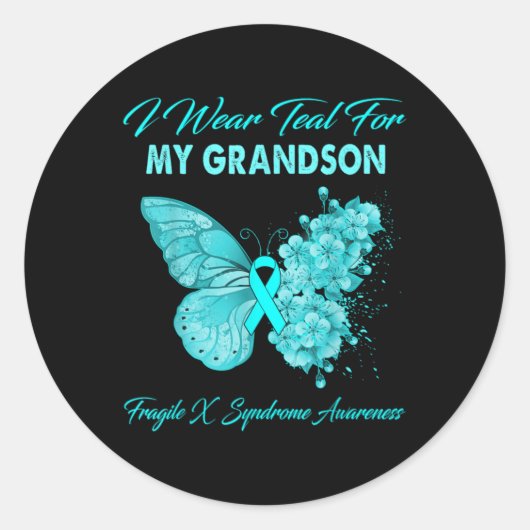 Butterfly I Wear Teal For My Grandson Fragile X Sy ラウンドシール (正面)