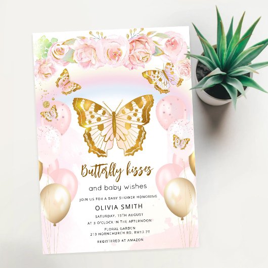 Butterfly Kisses Baby Wishes Floral Baby Shower 招待状