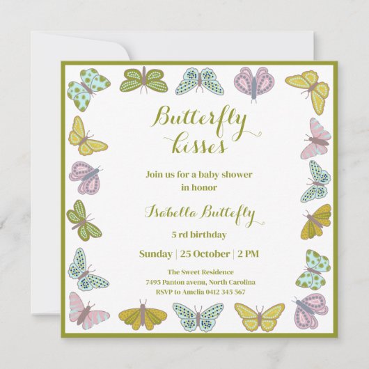 Butterfly kisses Girl Baby Shower 招待状 (正面)