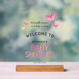 Butterfly Kisses Pink Baby Shower Welcome アクリルサイン