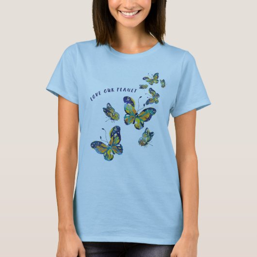 BUTTERFLY LOVE OUR PLANET T-SHIRT – 青 Tシャツ (正面)