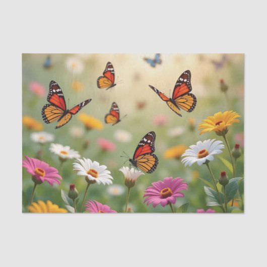 Butterfly Meadow Seamless Pattern Vibrant Flowers 薄葉紙 (正面)