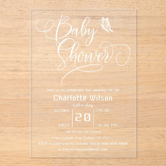 Butterfly Modern Minimal Baby Shower アクリル招待状 (正面)