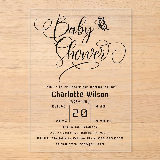 Butterfly Modern Minimal Baby Shower アクリル招待状 (正面)