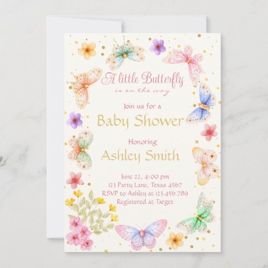 Butterfly on エレガント the Way女の子ベビーシャワー 招待状 (正面)