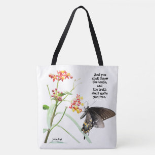 Butterfly on Milkweed, with Verse (ヨハネ8:32) トートバッグ