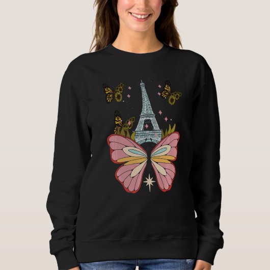 Butterfly Paris Night Sky Eiffel Tower Love French スウェットシャツ (正面)