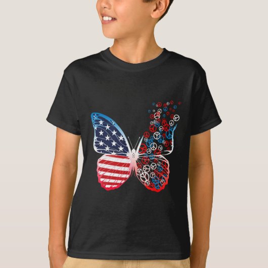 Butterfly Patriotic Peace Signs 4th Of July Us Fla Tシャツ (正面)