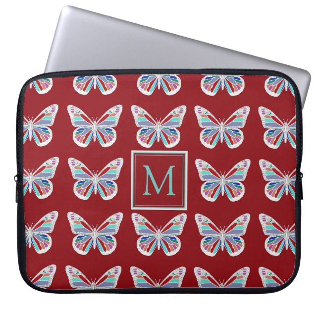 Butterfly Pattern on Burgundy Monogram ラップトップスリーブ (正面)