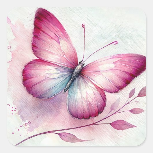 Butterfly Pink Botanical Watercolor スクエアシール (正面)