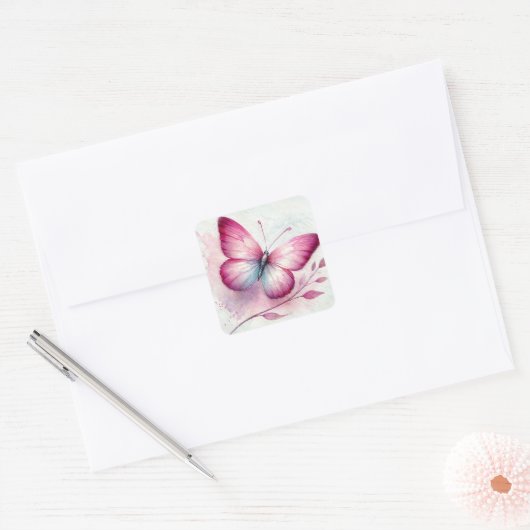 Butterfly Pink Botanical Watercolor スクエアシール (封筒)