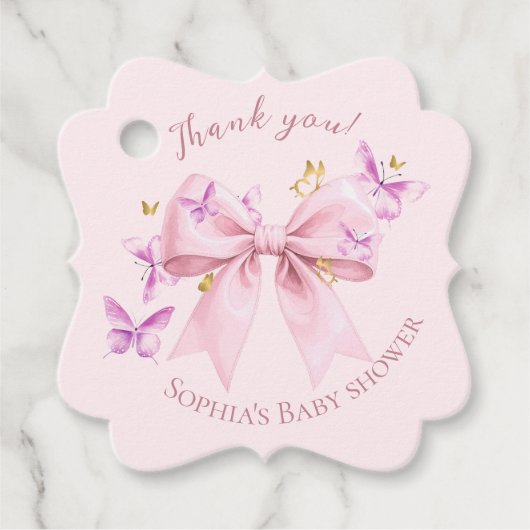 Butterfly Pink Bow Baby Shower  フェイバータグ (正面)