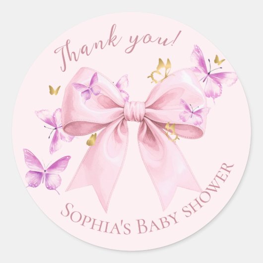 Butterfly Pink Bow Baby Shower  ラウンドシール (正面)