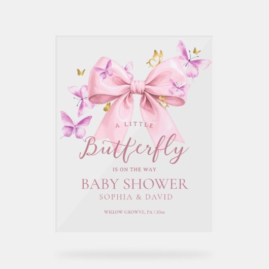 Butterfly Pink Bow Baby Shower Welcome Sign アクリルサイン (正面)