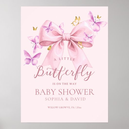 Butterfly Pink Bow Baby Shower Welcome Sign ポスター (正面)