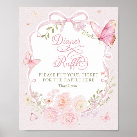 Butterfly Pink Bow Floral Diaper Raffle Poster ポスター (正面)