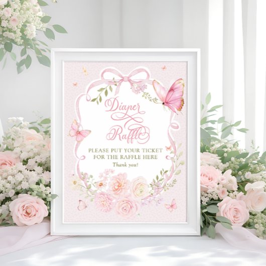 Butterfly Pink Bow Floral Diaper Raffle Poster ポスター