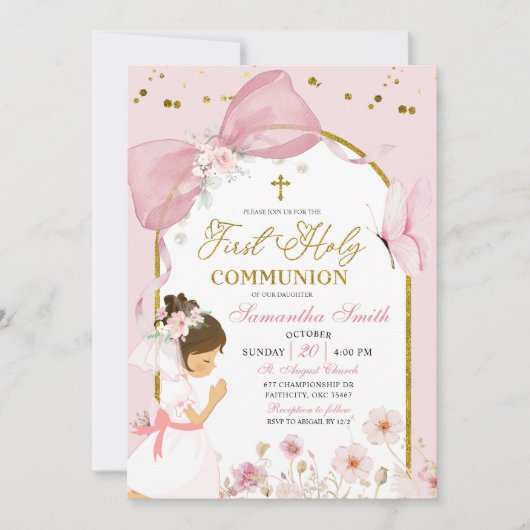Butterfly Pink Coquette Girl First Holy Communion 招待状 (正面)