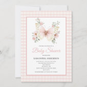 Butterfly Pink Gingham Floral Girl Baby Shower  招待状 (正面)