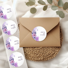 Butterfly Purple Wedding Monogram Sticker ラウンドシール