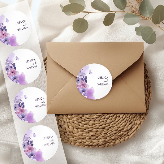 Butterfly Purple Wedding Monogram Sticker ラウンドシール