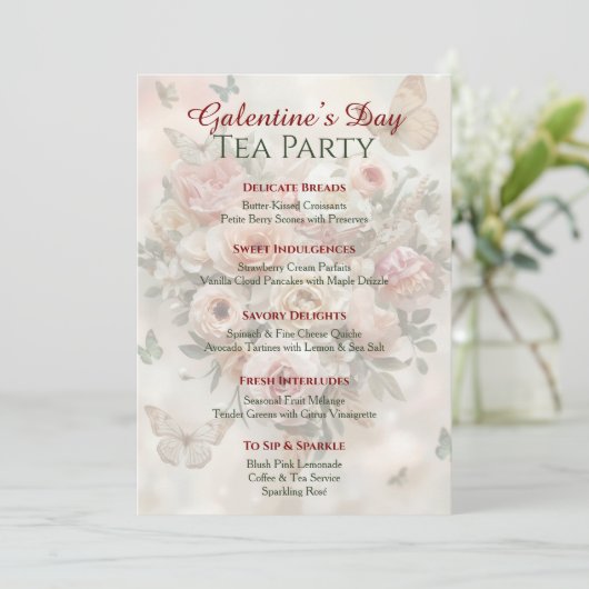 Butterfly Rococo Rose Galentine Garden Brunch Menu 招待状 (スタンド正面)