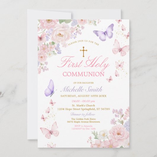 Butterfly Soft Floral First Holy Communion 招待状 (正面)