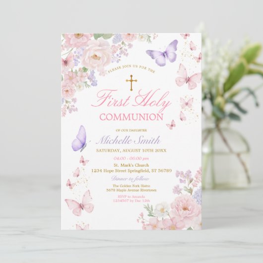 Butterfly Soft Floral First Holy Communion 招待状 (スタンド正面)