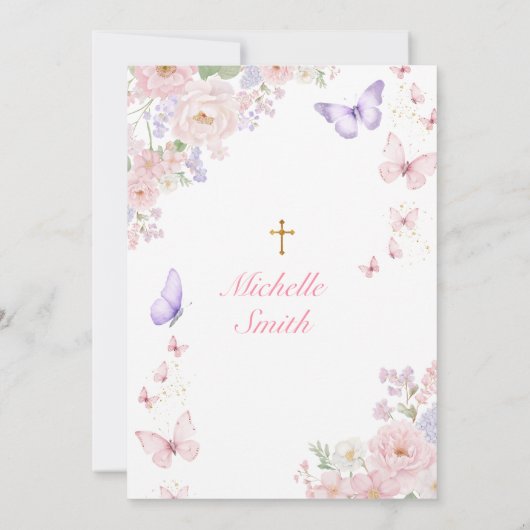 Butterfly Soft Floral First Holy Communion 招待状 (裏面)