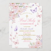 Butterfly Soft Floral First Holy Communion 招待状 (正面/裏面)