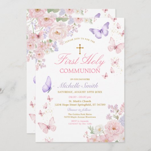 Butterfly Soft Floral First Holy Communion 招待状 (正面/裏面)