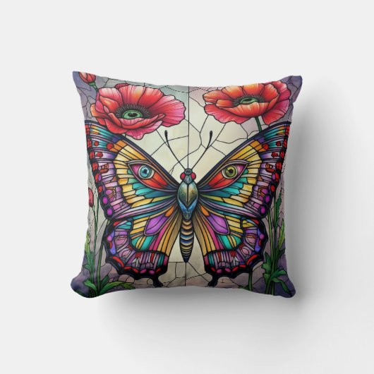 Butterfly stained glass design poppy flower クッション (正面)