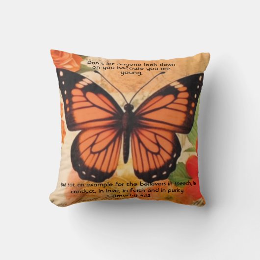 Butterfly Throw Pillow 1 Timothy 4:12 クッション (正面)