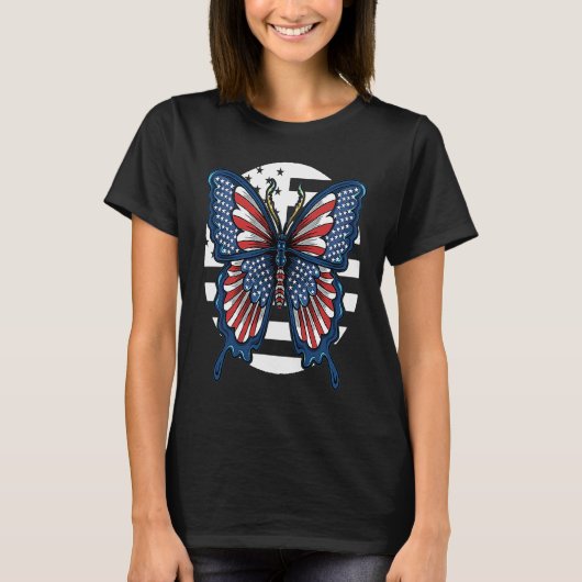 Butterfly USA Flag Cute Fourth Of July Funny Ameri Tシャツ (正面)