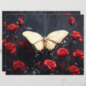 Butterfly Vibrant Red Roses Scrapbook Paper (正面/裏面)