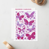 Butterfly Watercolor Pink Personalized ノートカード (正面/裏面インサイチュ)