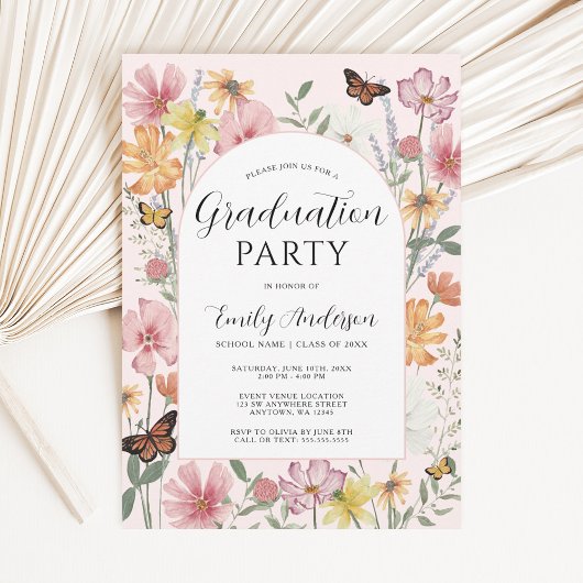 Butterfly Wildflower Arch Pink Graduation Party 招待状