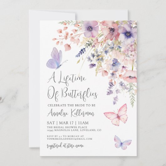 Butterfly Wildflower Bridal Shower 招待状 (正面)