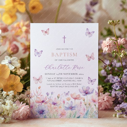 Butterfly Wildflower Floral Baptism Christening 招待状